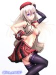  1girl alisa_ilinichina_amiella arm_up bare_shoulders beret black_footwear blue_eyes boots bracer breasts closed_mouth collared_shirt commentary_request cowboy_shot elbow_gloves fingerless_gloves free_note017 gloves god_eater god_eater_2:_rage_burst grey_hair hair_between_eyes hat long_hair looking_at_viewer medium_breasts navel neckerchief partially_unbuttoned plaid plaid_skirt pleated_skirt red_headwear red_neckerchief red_skirt shirt sidelocks simple_background single_elbow_glove single_fingerless_glove skindentation skirt sleeveless sleeveless_shirt solo standing standing_on_one_leg stomach thigh_boots twitter_username underboob white_background white_shirt zettai_ryouiki 