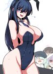  4girls arius_squad_(blue_archive) atsuko_(blue_archive) black_hair black_headwear black_leotard blue_archive blue_eyes blue_necktie blush breasts cabbie_hat cleavage covered_navel cowboy_shot detached_collar formicid green_hair groin hair_between_eyes hat hiyori_(blue_archive) large_breasts leotard long_hair misaki_(blue_archive) multiple_girls necktie open_mouth purple_hair red_eyes saori_(blue_archive) side_ponytail simple_background strapless strapless_leotard white_background 