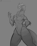 andromorph anthro big_claws claws fluffy grey_body greyscale horn intersex long_body long_neck monochrome monster neck_tuft patreon sketch solo teratophilia text thick_thighs tuft unknown_species url zuhifangs zuhishy
