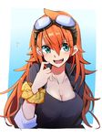  amano_tora blue_background blush breasts cleavage goggles goggles_on_head green_eyes highres kazenoko large_breasts long_hair open_mouth original red_hair smile solo 