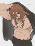  1boy abs bara black_jacket black_pants brown_eyes brown_hair closed_mouth dressing granblue_fantasy highres jacket large_pectorals long_hair male_focus momimomi muscular muscular_male navel nipples open_clothes open_jacket pants pectorals siegfried_(granblue_fantasy) simple_background solo translation_request white_background 