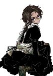  1boy anger_vein apron black_dress boots brown_hair dark-skinned_male dark_skin dirty dirty_clothes dirty_face dress frilled_apron frills heathcliff_(project_moon) highres limbus_company maid maid_apron project_moon purple_eyes shan23852196 simple_background solo white_background 