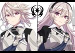  1boy 1girl black_hairband closed_mouth corrin_(female)_(fire_emblem) corrin_(fire_emblem) corrin_(male)_(fire_emblem) fire_emblem fire_emblem_fates grey_hair hair_between_eyes hairband highres long_hair looking_at_viewer pointy_ears red_eyes shinae short_hair upper_body white_background 