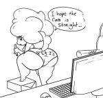  anthro big_butt bluebell box butt camel_toe caprine chair clothed clothing computer computer_keyboard computer_monitor computer_mouse desk dialogue eyelashes female fur hair holding_object looking_back mammal marker monitor monochrome nipples one_leg_up open_mouth panties pinky_out roy_mccloud sheep solo speech_bubble thick_thighs topless underwear 