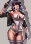  armpits bangs bare_shoulders belt black_gloves black_jacket breasts buttons cameltoe cleavage collarbone covered_navel cowboy_shot dandon_fuga fingerless_gloves ghost_in_the_shell ghost_in_the_shell_stand_alone_complex gloves grey_background grey_legwear groin gun hair_between_eyes hand_up handgun highleg highleg_leotard hips holding holding_gun holding_weapon impossible_clothes impossible_leotard jacket kusanagi_motoko large_breasts legs_together leotard lips looking_to_the_side off_shoulder open_clothes open_jacket parted_lips pocket purple_hair red_eyes shadow short_hair_with_long_locks sidelocks signature simple_background skin_tight solo standing strapless strapless_leotard thigh_gap thighhighs thighs trigger_discipline weapon 
