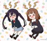  &gt;_&lt; 2girls angry black_dress black_hair black_jacket black_pantyhose black_socks blazer blunt_bangs blush brown_footwear brown_hair chibi clenched_hands collared_shirt commentary_request crossover dress eclair_(food) frown full_body grey_skirt hair_between_eyes iino_miko jacket k-on! kaguya-sama_wa_kokurasetai_~tensai-tachi_no_renai_zunousen~ kneehighs long_hair long_sleeves low_twintails miniskirt mitya multiple_girls nakano_azusa neck_ribbon nose_blush open_mouth pantyhose pinafore_dress pleated_skirt polka_dot polka_dot_background red_ribbon ribbon school_uniform shirt shoes shuuchiin_academy_school_uniform simple_background skirt sleeveless sleeveless_dress socks sweatdrop trait_connection twintails twitter_username v-shaped_eyebrows very_long_hair wavy_mouth white_shirt 