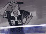  1boy abstract_background arm_up bald black_eyes canvas_texture collared_shirt commentary_request cowboy_shot glasses greyscale hand_on_own_hip highres ikuhana_niiro looking_at_viewer male_focus monochrome no_eyebrows open_mouth paddle ping_pong_(manga) polo_shirt sakuma_manabu shading_eyes shirt short_sleeves smile solo spot_color standing table_tennis_net table_tennis_paddle tsurime uneven_eyes 