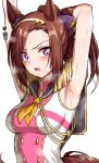  1girl absurdres aiguillette animal_ears ao_(user_xcnx5328) arm_behind_head armpits arms_up black_sailor_collar blush bright_pupils brown_hair ear_ribbon epaulettes frown hair_ribbon hairband hand_on_own_arm highres horse_ears horse_girl horse_tail long_bangs long_hair looking_at_viewer necktie open_mouth orange_necktie pink_shirt ponytail purple_eyes purple_ribbon ribbon sailor_collar sakura_bakushin_o_(umamusume) shirt sleeveless sleeveless_shirt solo standing steam stretching sweat tail umamusume white_pupils yellow_hairband 