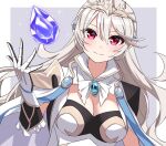  1girl armor breasts cape cleavage corrin_(female)_(fire_emblem) corrin_(female)_(silent_bloodline)_(fire_emblem) corrin_(fire_emblem) crown fire_emblem fire_emblem_fates fire_emblem_heroes hair_between_eyes hair_ornament highres jewelry long_hair looking_at_viewer official_alternate_costume pointy_ears red_eyes shinae shoulder_armor solo white_hair 