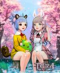  animal_ears apron blue_eyes blue_hair brown_eyes brown_hair bunny_ears cherry_blossoms copyright_name curly_hair day dog_ears dress elin_(tera) flower hair_flower hair_ornament highres lips long_hair multiple_girls outdoors petals short_dress short_hair short_twintails sitting smile soaking_feet tail tera_online tree twintails water 