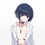  black_hair breasts brown_eyes chan_co collar collarbone gradient gradient_background grin jewelry labcoat looking_at_viewer medium_breasts naked_labcoat necklace persona persona_5 shirt short_hair simple_background smile solo takemi_tae upper_body 