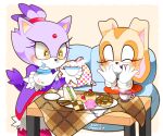  2girls animal_ears blaze_the_cat blush cat_ears cat_girl closed_eyes coffee_table couch cream_the_rabbit cup doughnut food forehead_jewel furry furry_female gloves holding holding_cup holding_teapot jacket kusunoki_cherry multiple_girls ponytail purple_fur purple_jacket rabbit_ears rabbit_girl sandwich smile sonic_(series) table teacup teapot white_gloves yellow_eyes 