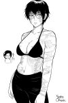  1boy 1girl absurdres black_bra bra breasts burn_scar cleavage glasses highres jujutsu_kaisen large_breasts monochrome navel okkotsu_yuuta round_eyewear scar set0kazaki short_hair simple_background underwear upper_body white_background zen&#039;in_maki 