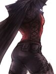  1boy ass back bara black_cape black_pants cape clive_rosfield final_fantasy final_fantasy_xvi large_pectorals male_focus muscular muscular_male pants pectorals red_shirt shirt simple_background solo vivalewd white_background 