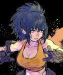  1girl arm_pouch bare_shoulders black_eyes blue_hair breasts cleavage closed_mouth crop_top earrings gloves highres jewelry leona_heidern ponytail sleeveless soldier solo tank_top the_king_of_fighters the_king_of_fighters_xv triangle_earrings yellow_tank_top yukke69 