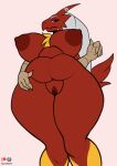 anthro avian big_breasts blaziken breasts chest_tuft destabilizer female generation_3_pokemon genitals hair hi_res huge_breasts long_hair nintendo nipples nude pink_eyes pokemon pokemon_(species) pussy red_body scuted_arms scutes simple_background solo thick_thighs tuft under_boob white_hair wide_hips