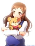  bow bowtie brown_hair holding idolmaster idolmaster_million_live! kitazawa_shiho long_hair ookami_maito red_bow simple_background solo stuffed_animal stuffed_toy teddy_bear upper_body white_background yellow_eyes 