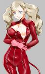  areolae blonde_hair blue_eyes blush bodysuit breasts cat_tail cleavage commentary_request gloves grey_background highres large_areolae large_breasts long_hair long_sleeves looking_at_viewer nipples no_bra open_clothes persona persona_5 pink_gloves presenting sato_iori simple_background smile solo standing tail takamaki_anne tied_hair twintails unzipped zipper 
