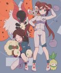  1boy 1girl 343rone :d absurdres bright_pupils brown_hair closed_eyes collared_shirt commentary_request egg green_eyes grey_background highres long_hair minccino nate_(pokemon) necktie on_shoulder open_mouth petilil pokemon pokemon_(creature) pokemon_bw2 pokemon_egg pokemon_on_shoulder rosa_(pokemon) shirt shoes short_hair shorts smile socks twintails volcarona whimsicott 