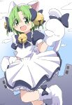  1girl absurdres animal_ears animal_hat apron bell bow building cat_ears cat_girl cat_hat cat_tail cloud cynical_(llcbluckg_c004) day dejiko di_gi_charat dress frills green_eyes green_hair grey_bow grey_dress hair_bell hair_ornament hand_up hat highres jingle_bell looking_at_viewer mittens neck_bell open_mouth outdoors paw_shoes puffy_short_sleeves puffy_sleeves short_sleeves signature smile solo standing standing_on_one_leg tail tail_bow tail_ornament white_apron white_footwear white_headwear white_mittens 