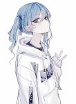  1girl absurdres blue_eyes blue_hair closed_mouth clothes_writing drawstring english_text expressionless hand_up highres hololive hood hoodie hoshimachi_suisei karyln looking_at_viewer medium_hair simple_background sketch sleeves_past_wrists solo two_side_up upper_body v virtual_youtuber white_background white_hoodie zipper_pull_tab 