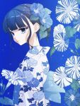  1girl black_hair blue_background blue_eyes floral_print flower from_side hair_flower hair_ornament japanese_clothes kimono long_sleeves mole mole_under_mouth morning_glory obi original parted_lips ponytail sash solo torimomu upper_body yukata 