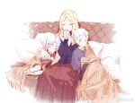  1girl aged_down blonde_hair blue_eyes blush book closed_eyes closed_mouth covering_with_blanket cup dante_(devil_may_cry) devil_may_cry_(series) eva_(devil_may_cry) family hair_slicked_back highres holding holding_cup long_hair mother_and_son multiple_boys parent_and_child siblings simple_background smile stuffed_animal stuffed_toy teddy_bear vergil_(devil_may_cry) weibo_2929299473 white_hair 