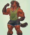 anthro biceps bottomwear bulge clothing emoster equid equine flexing genital_outline hi_res horse horseshoe jewelry male mammal muscular muscular_legs muscular_male necklace nipple_slip pecs penis_outline shirt shorts solo tank_top topwear vein veiny_muscles