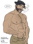  1boy abs arm_hair bara beard black_hair blue_eyes bonjourdraws brown_pants call_of_duty call_of_duty:_modern_warfare_2 captain_price chest_hair cigar english_text facial_hair hat large_pectorals like_and_retweet male_focus meme muscular muscular_male navel nipples pants pectorals short_hair simple_background solo topless_male twitter_strip_game_(meme) white_background 