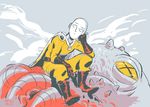  1boy artist_request boots gloves monster one-punch_man red_boots red_gloves saitama_(one-punch_man) simple_background sitting solo tagme 