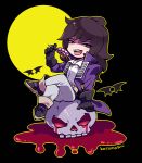  1boy arm_support bat_(animal) black_background black_footwear black_gloves black_hair blood blue_eyes candy castlevania_(series) coat crossed_legs eyelashes food full_moon gloves holding holding_candy holding_food holding_lollipop kotorai lollipop male_focus moon no_nose open_mouth outline purple_coat richter_belmont shaded_face shirt signature sitting skull solo white_shirt yellow_outline 