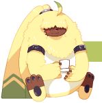 angoramon anthro bandai_namco cockycroconaw digimon digimon_(species) fluffy fur hair hair_over_eyes lagomorph leporid long_ears male mammal mug pawpads ponytail_ears rabbit sitting solo yellow_body yellow_fur