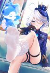  1girl ascot asymmetrical_gloves black_gloves blue_ascot blue_bow blue_brooch blue_gemstone blue_hair blue_headwear blue_shirt blush bow bubbly_seahorse_(genshin_impact) couch cowlick dot_nose drop-shaped_pupils feet foot_focus furina_(genshin_impact) gem genshin_impact gloves hair_over_one_eye hand_on_own_head hat highres indoors kodona kou_futoshi leg_lift light_blue_hair lolita_fashion long_sleeves looking_at_viewer mismatched_gloves shirt sitting socks teeth thigh_strap top_hat vision_(genshin_impact) white_gloves white_socks 