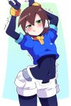  1girl absurdres aile_(mega_man_zx) black_bodysuit blue_jacket blush bodysuit brown_hair buzzlyears cropped_jacket highres jacket mega_man_(series) mega_man_zx navel robot_ears short_hair shorts solo stretching white_shorts 