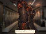  2015 anthro athletic biceps black_nipples black_scales blurred_background bulge clothed clothing demon depth_of_field dialogue digital_media_(artwork) english_text final_fantasy final_fantasy_xiv glowing glowing_eyes horn ifrit jockstrap looking_at_viewer male multicolored_scales nipples pecs red_scales scales scalie signature solo square_enix text topless two_tone_scales underwear video_games yellow_eyes zomacaius 