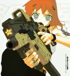  1girl absurdres bare_shoulders belt black_choker black_pants choker green_eyes gun highres holding holding_gun holding_weapon jewelry kriss_vector looking_at_viewer orange_hair original pants ring shirt solo star_(symbol) star_in_eye submachine_gun super_star_(mario) symbol_in_eye tattoo v-shaped_eyebrows vinne weapon white_shirt 