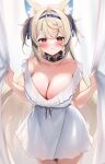  1girl absurdres animal_ears bare_shoulders blonde_hair blush breasts cleavage collar collarbone dog_ears fuwawa_abyssgard highres hololive hololive_english large_breasts long_hair maru_ccy nightgown red_eyes solo spiked_collar spikes white_nightgown 