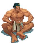  1boy abs bara barefoot body_hair bugle character_request copyright_request cum dgls erection feet fundoshi looking_away male_focus muscle nipples pecs penis scar sitting solo toes topless 