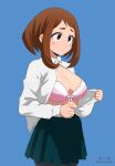  1girl black_pantyhose blue_background boku_no_hero_academia bra breasts brown_eyes brown_hair cleavage closed_mouth collared_shirt green_skirt highres large_breasts pantyhose pink_bra pleated_skirt shirt simple_background skirt solo tsuranukko underwear undressing uraraka_ochako white_shirt 