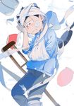  alternate_eye_color arm_sling bad_id bad_pixiv_id bandages black_hair blue_eyes crutch crying frying_pan hood hoodie male_focus matsuno_karamatsu mery_(apfl0515) osomatsu-kun osomatsu-san solo tears 