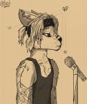 accessory anthro band band-aid bandage bite_mark clothing domestic_cat ears_down electronics felid feline felis hair headband hi_res male mammal microphone piercing pivoted_ears ponytail sad shirt siamese solo st4rvy_(artist) tank_top tattoo topwear