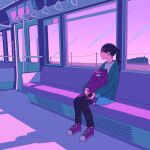  1girl absurdres black_hair black_pants blue_jacket highres jacket long_sleeves medium_hair original pants profile purple_bag purple_footwear purple_sky purple_theme shadow shi_oo shirt shoes simple_background sitting sky star_(sky) starry_sky train_interior white_shirt wide_shot 