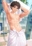  1boy abs black_hair closed_mouth day highres holding holding_towel male_focus navel nayoshi_(r-744) nipples original outdoors paid_reward_available short_hair sky solo toned toned_male towel towel_around_waist 
