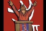  1boy arms_up black_eyes brown_hair closed_mouth commentary dora_(dorrra05) double_v drop_shadow eddsworld flipped_hair half-closed_eyes hammer_and_sickle highres hood hood_down hoodie lectern long_sleeves looking_at_viewer male_focus medium_hair pillarboxed red_background red_hoodie smirk solo spiked_hair symbol-only_commentary tord_(eddsworld) upper_body v victory_pose 