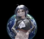  1girl ahoge ascot black_background black_eyes black_hair black_sailor_collar black_shirt bottomless breasts closed_mouth commentary_request earth_(planet) empty_eyes floating_hair frown groin hands_on_own_stomach highres large_breasts long_sleeves looking_at_viewer narrowed_eyes narutaru navel nikutaku_meru out-of-frame_censoring planet sailor_collar school_uniform serafuku shirt simple_background solo stomach tamai_shiina upper_body white_ascot 