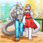 2024 3_toes 4_toes 5_fingers abs absurd_res anthro anthro_on_anthro barefoot big_breasts black_belt black_nose blue_body blue_bottomwear blue_clothing blue_eyes blue_fur blue_jeans blue_markings blue_pants blue_scales blush bottomwear breasts canid canine canis cleavage clothed clothing cute_fangs denim denim_bottomwear denim_clothing dress duo eye_contact feet felino female fin fingers food front_view fur generation_2_pokemon grey_body grey_fur grey_inner_ear half-closed_eyes hi_res holding_food holding_object interspecies jeans legendary_pokemon long_tail looking_at_another lugia male male/female mammal markings muscular muscular_anthro muscular_male narrowed_eyes nintendo open_mouth outside pants park plant pokemon pokemon_(species) pupils red_clothing red_dress romantic romantic_couple scales smile tail tail_fin toes tree white_body white_scales wolf