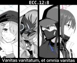  4girls arius_squad_(blue_archive) atsuko_(blue_archive) baseball_cap blue_archive bow braid cabbie_hat closed_mouth column_lineup empty_eyes gas_mask greyscale hair_bow hair_ornament hair_over_one_eye hairclip halo hat highres hiyori_(blue_archive) hood jakobi latin_text long_hair looking_ahead looking_at_viewer mask mask_pull misaki_(blue_archive) monochrome mouth_mask multiple_girls open_mouth partially_colored portrait print_headwear saori_(blue_archive) scarf short_hair simple_background surgical_mask twin_braids 