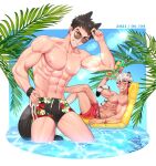  2boys abs animal_ears bara biceps black_hair blackkdogg eyebrow_cut grin highres large_pectorals multiple_boys muscular muscular_male nipples original pectorals red_eyes smile sunglasses swimsuit tail thick_eyebrows tongue water water_gun 