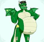abdominal_bulge anthro anthro_pred belly big_belly breasts butt claws clothing digital_media_(artwork) dragon fully_inside fur glistening glistening_body glistening_eyes glistening_skin green_body green_fur green_skin hair hat headgear headwear hi_res horn humanoid hybrid male mammal mintmonkey navel oral_vore pecs same_size_vore saranhe scales simple_background smile solo star tail teeth thorns underwear vore wings