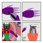anthro arachnid arthropod ball_slap ballbusting clothing cock_and_ball_torture comic comic_panel drawing_on_hand duo english_text fake_spider genital_torture hi_res hoodie machine male male/male mammal mouse multicolored_body murid murine muunuu_(quoyi) noro_(quoyi) pain prank protogen quoyi rodent scar slap spider text topwear
